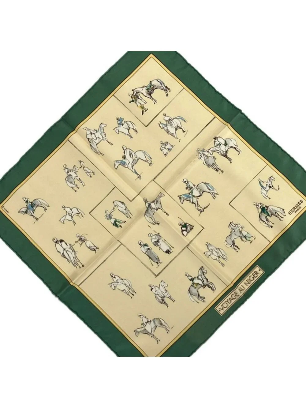 Hermes Scarf Petit Carre Ivory Dark Green Light Gray Voyage AU Niger